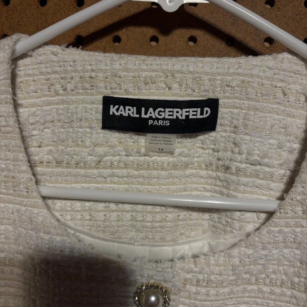 Karl Lagerfeld Cropped Tweed Jacket 14 White Ivory Chic Preppy Metallic Bride